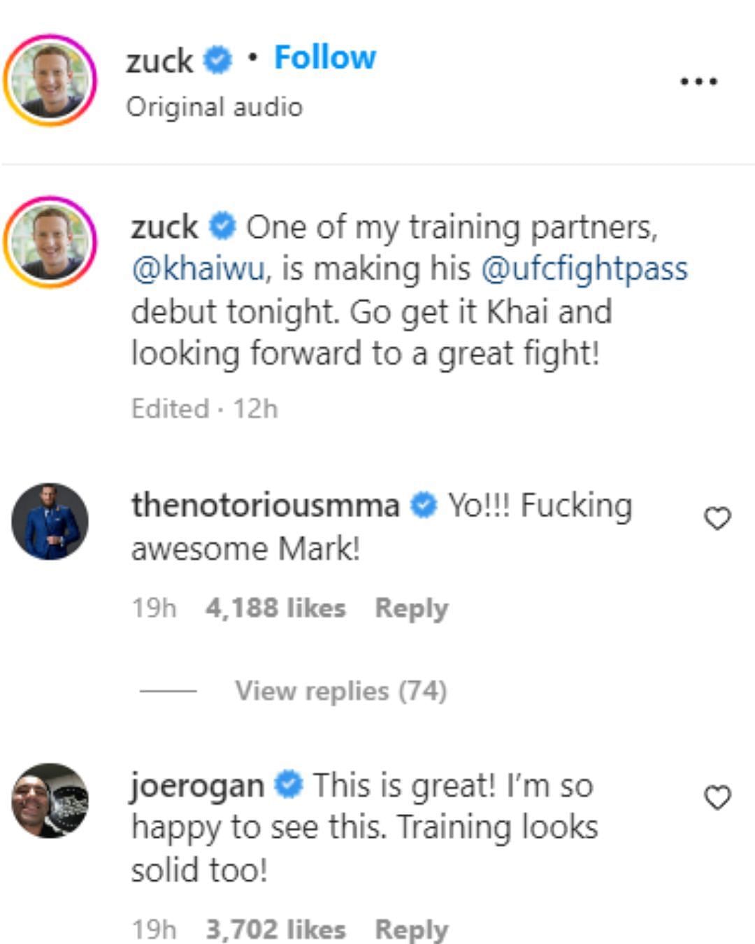 Joe Rogan and Conor McGregor&#039;s comments [Images courtesy of @zuck on Instagram]