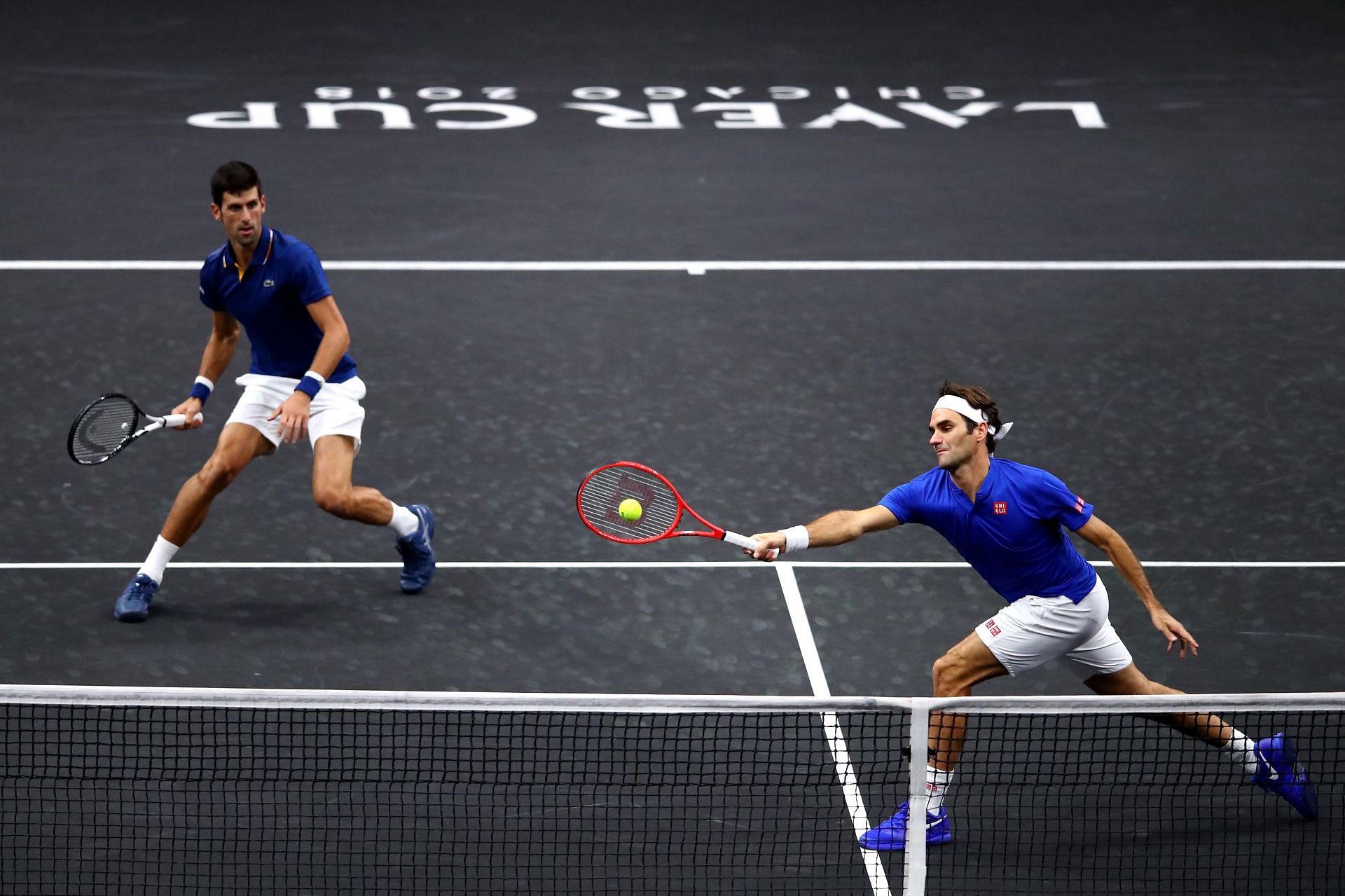 Novak Djokovic and Roger Federer vs Kevin Anderson and Jack Sock at the 2018 Laver Cup.