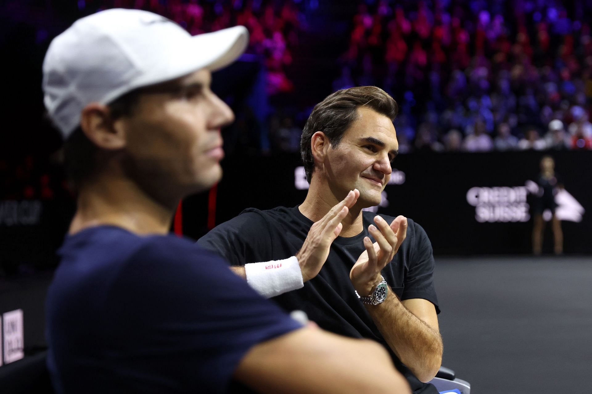 Roger Federer alongside Rafael Nadal during a practice session ahead of the 2022 Laver Cup.