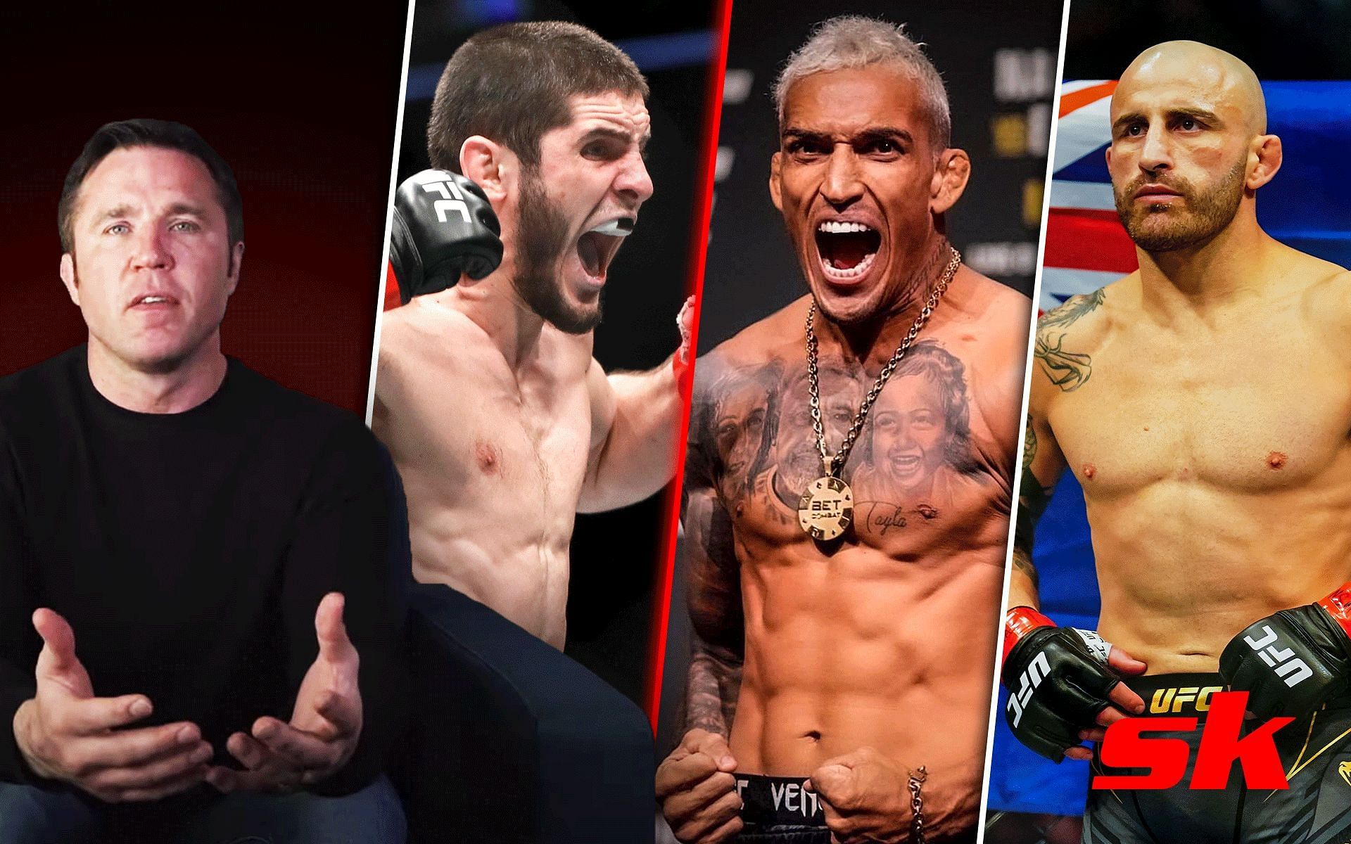 Chael Sonnen (left), Islam Makhachev (center left), Charles Oliveira (center right), and Alexander Volkanovski (right). [Images courtesy: left image from YouTube Chael Sonnen, center right image from Instagram @charlesdobronxs, and rest of the images from Getty Images]