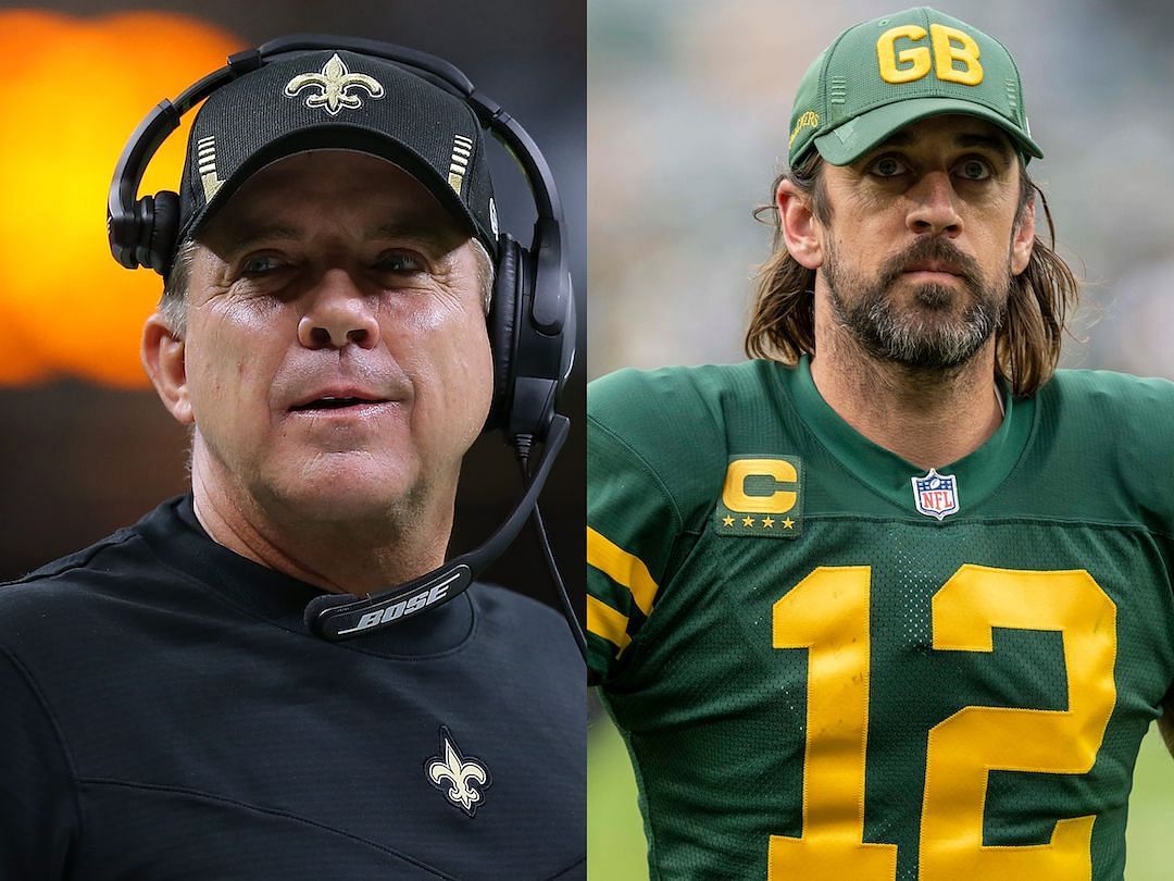 Former Saints HC Sean Payton (l) and Packers QB Aaron Rodgers (r)
