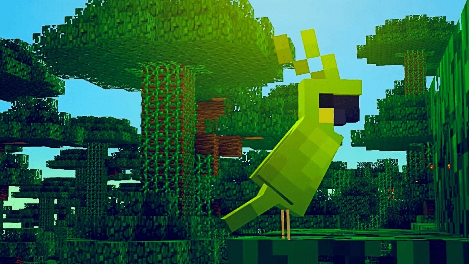 A parrot in its natural Minecraft habitat of the jungle biome (Image via Mojang)
