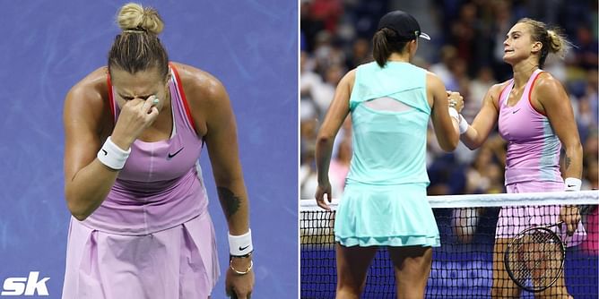 Watch: Aryna Sabalenka shows up at her US Open press conference wearing huge mirrored sunglasses to hide her tears after Iga Swiatek loss