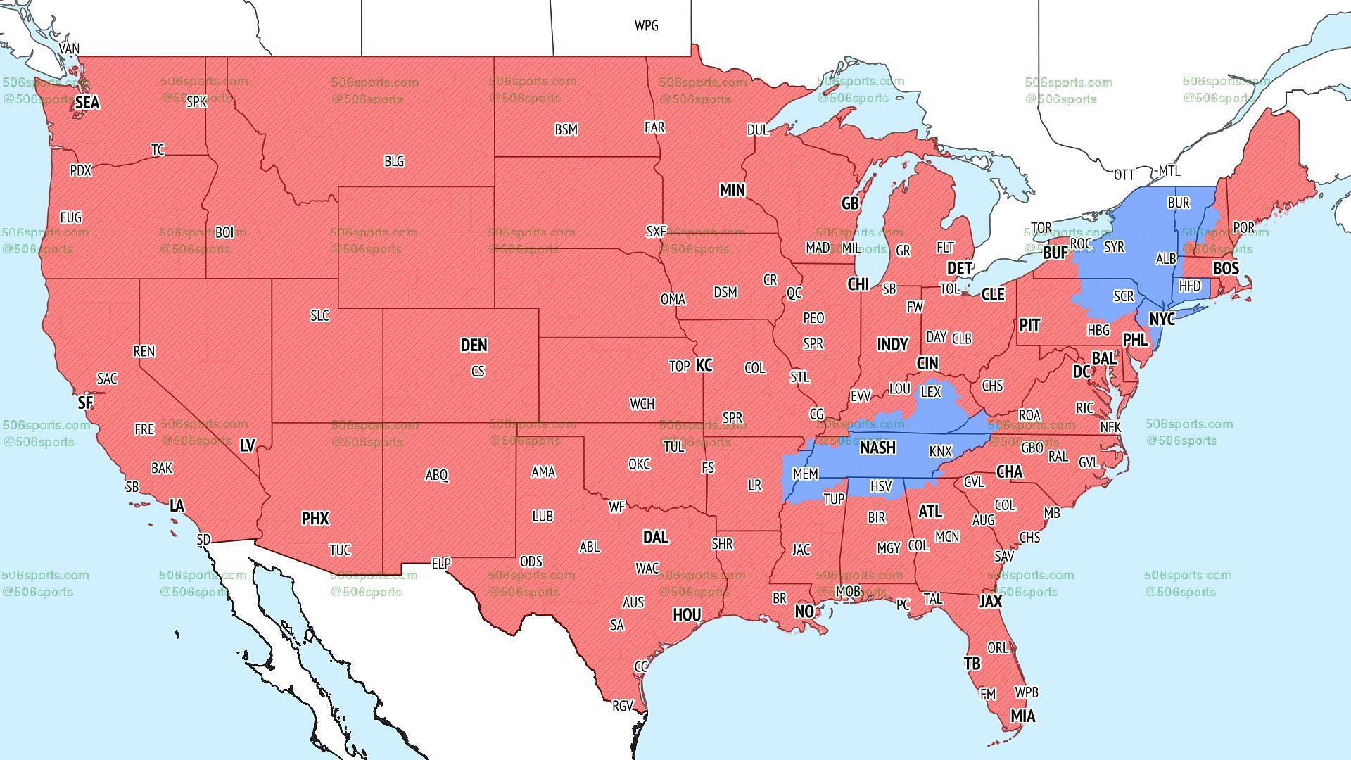 Coverage map for FOX&#039;s late window games. Photo via 506Sports.com
