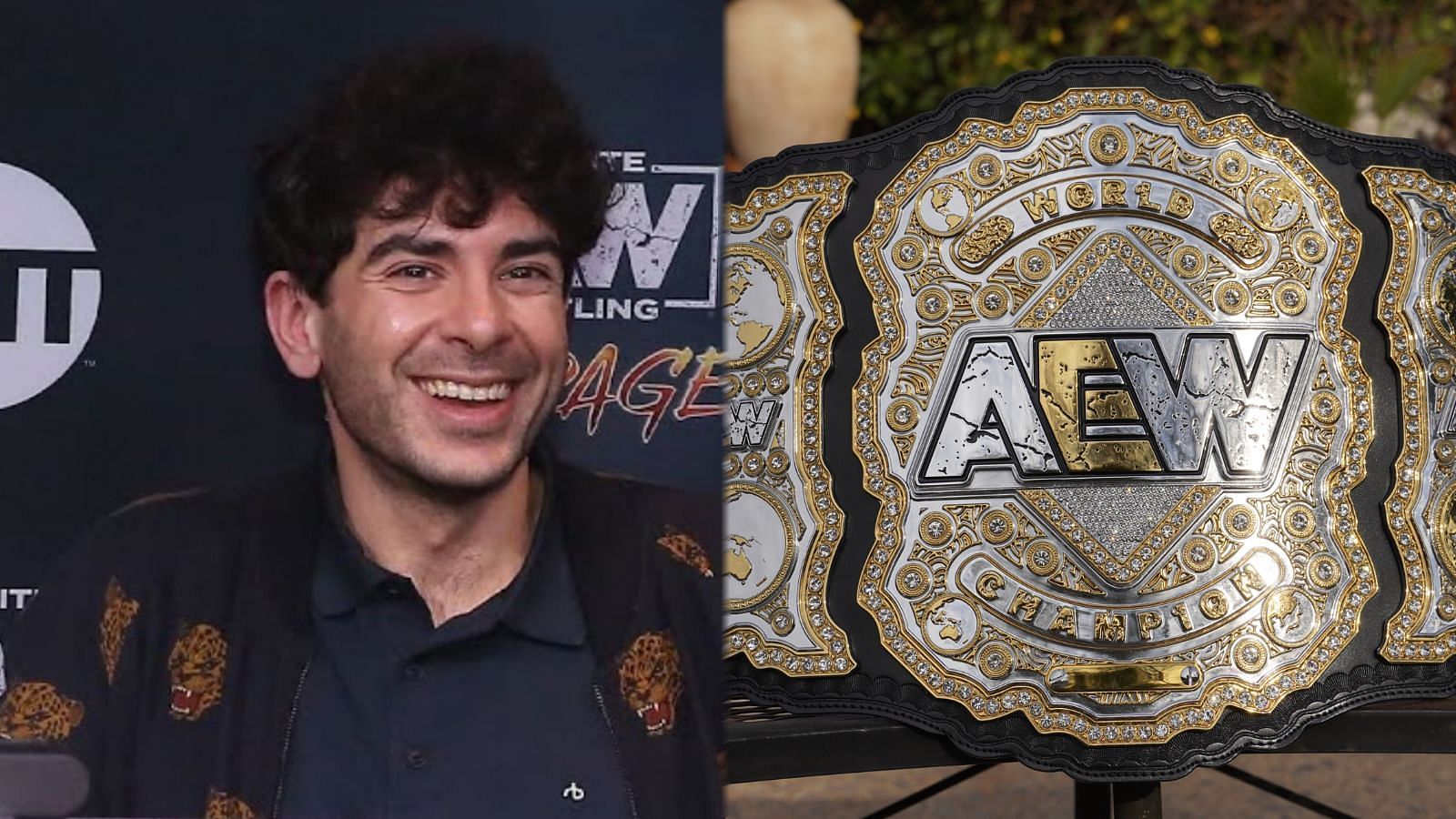 Tony Khan (Left), AEW World Title (Right).