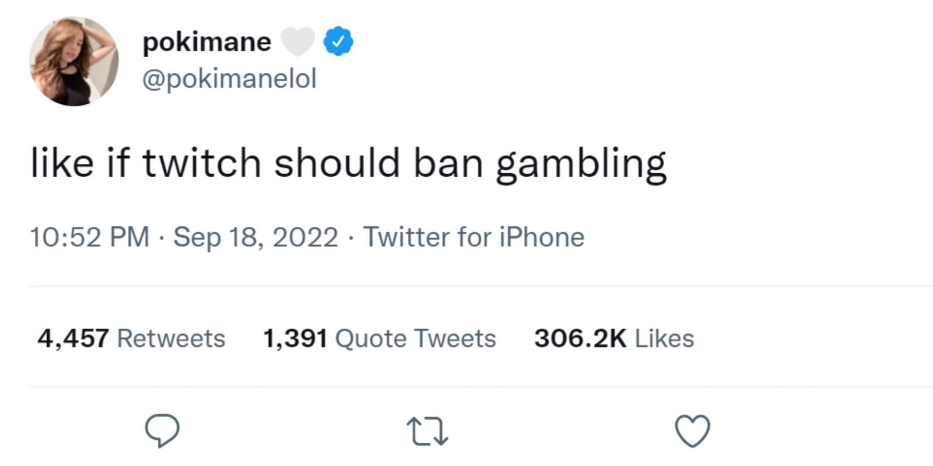 The streamer urged Twitch to ban gambling streams (Image via Pokimane/Twitter)