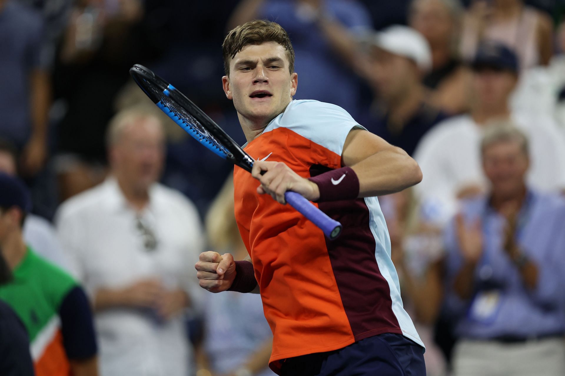 Jack Draper celebrates his win against Felix Auger-Aliassime at the 2022 US Open.