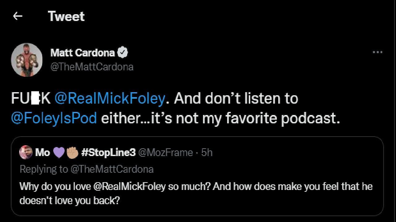 A screengrab of Cardona&#039;s response to a fan who asked him about Mick Foley