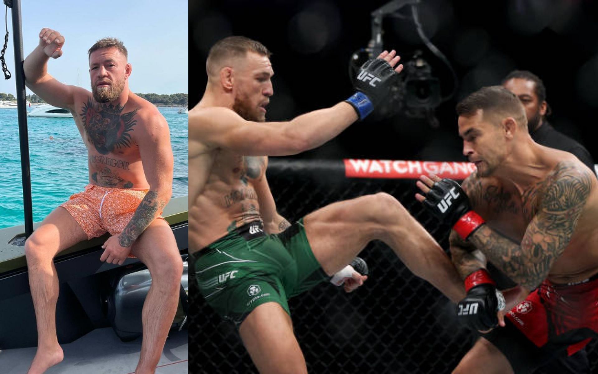 Conor McGregor on his yacht (left) [Image courtesy: @thenotoriousmma on Instagram] and McGregor vs. Dustin Poirier 3 (right) 