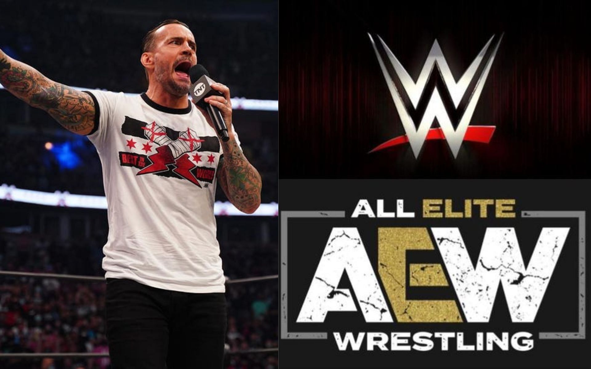 CM Punk (left) and WWE and AEW logos (right).
