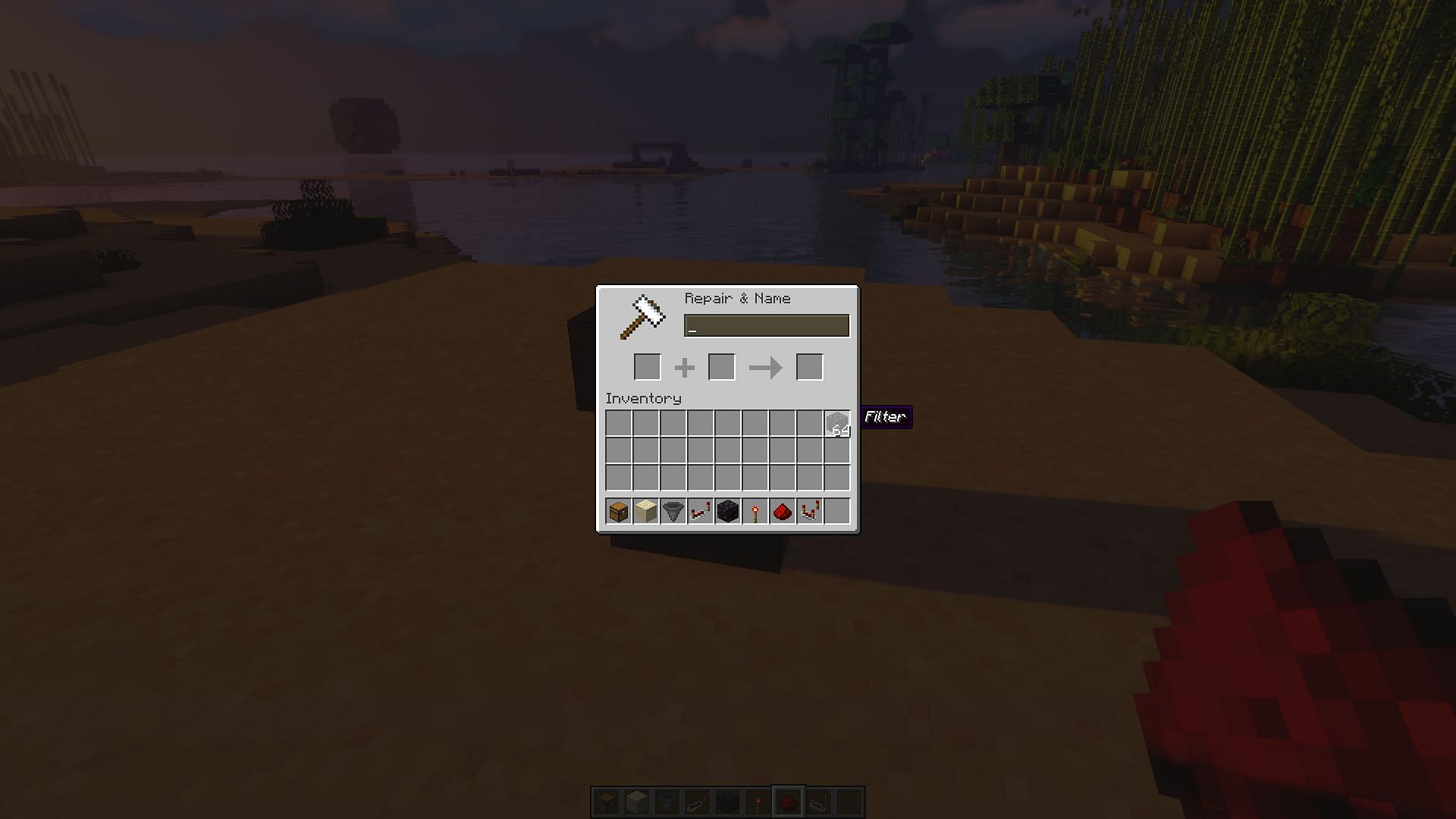 The filter blocks renamed to &quot;filter&quot; at an anvil (Image via Minecraft)