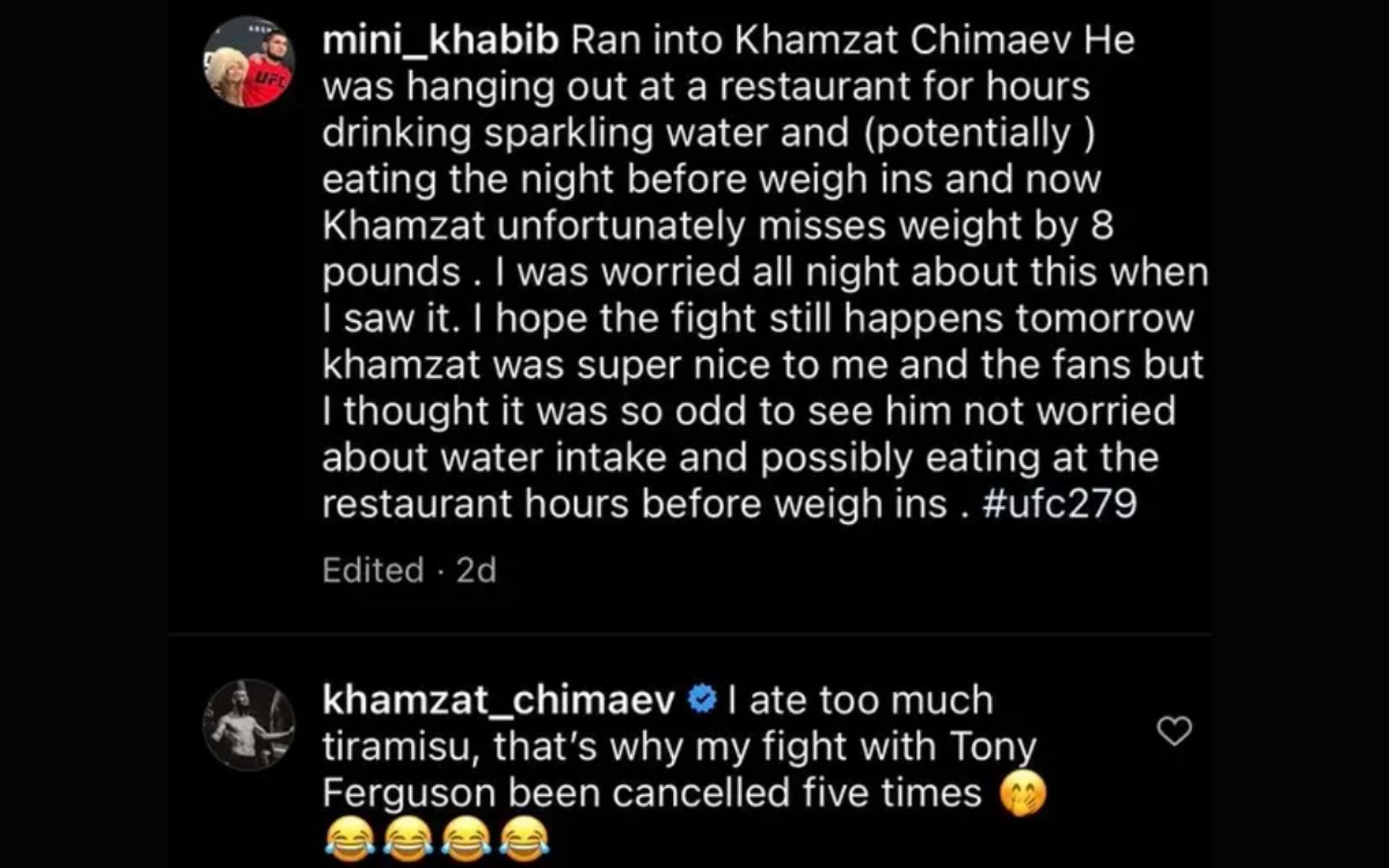 Khamzat Chimaev deleted a reply that was meant to respond to Khabib Nurmagomedov's comments.