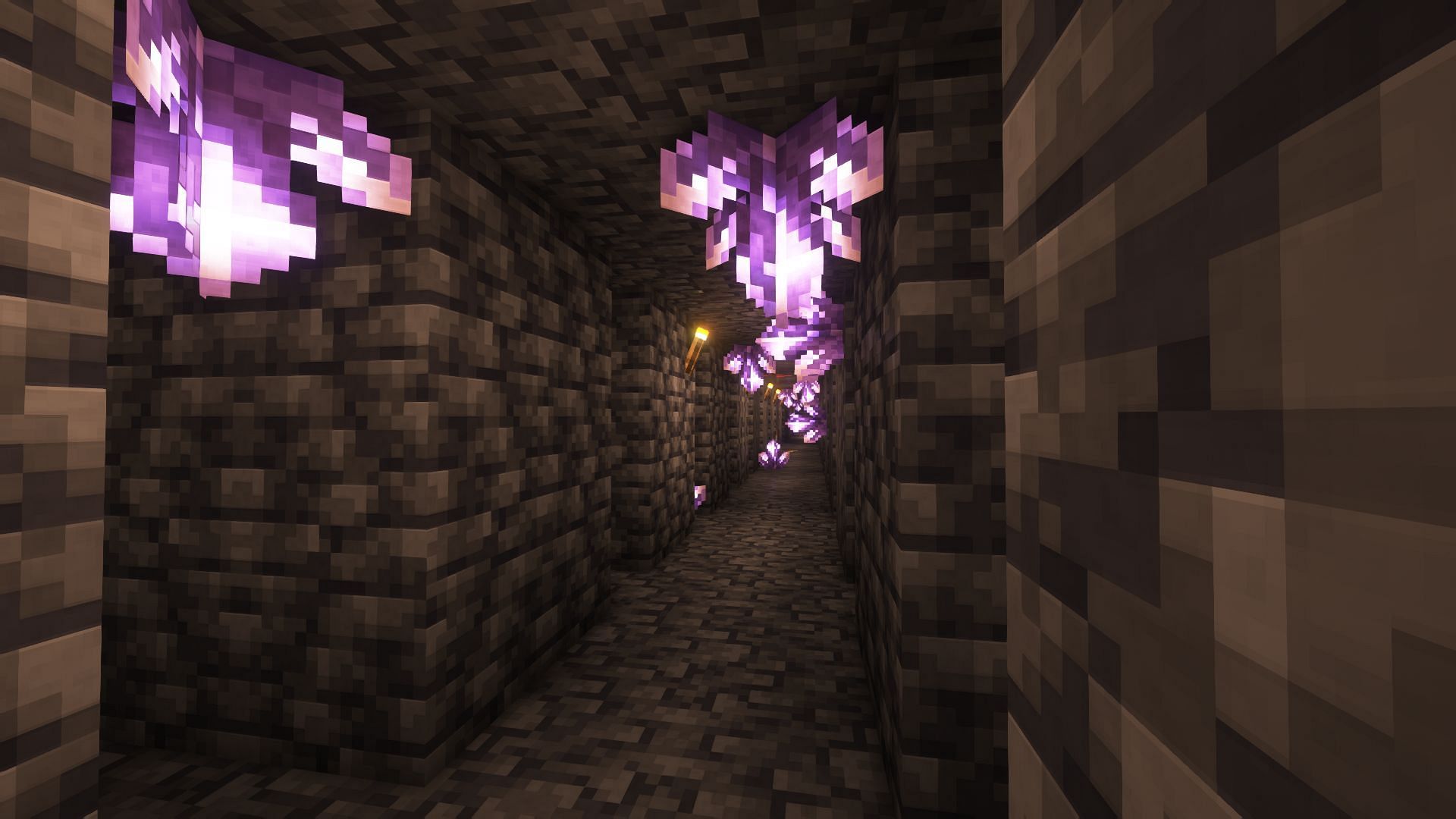 Old mines can be decorated beautifully with Amethyst clusters in Minecraft (Image via Mojang)