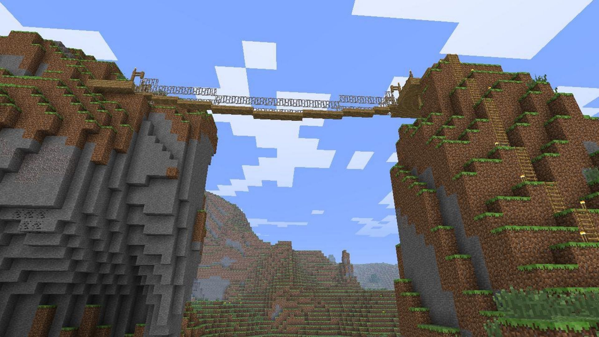 Hanging bridges in Minecraft (Image via Reddit/u/HappySmurfday)
