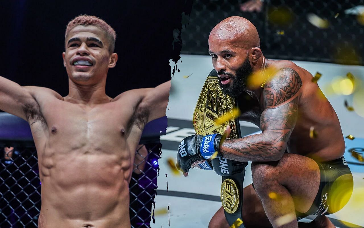 (left) Fabricio Andrade beams with pride after (right) Demetrious Johnson backs him up 