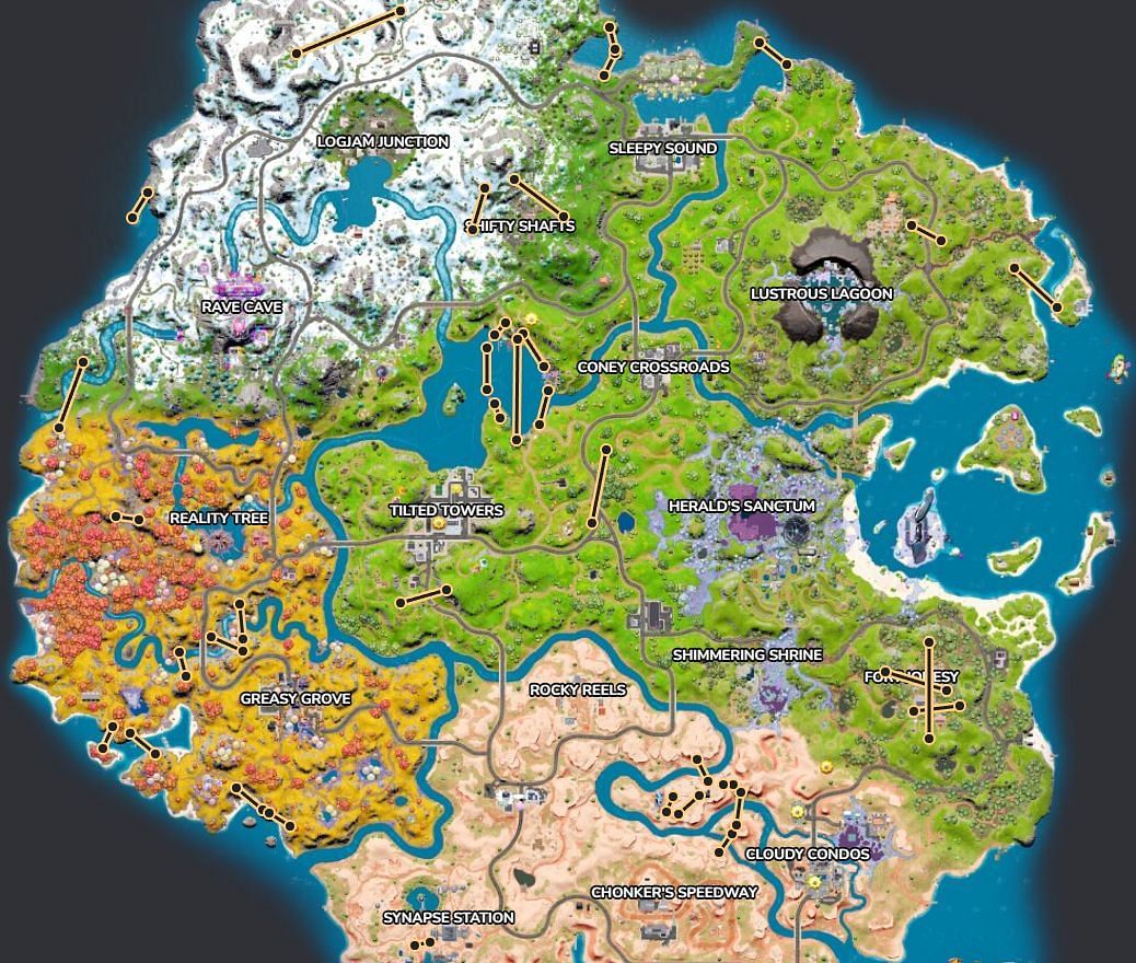 All zipline locations in Fortnite Chapter 3 Season 4 (Image via Fortnite.GG)