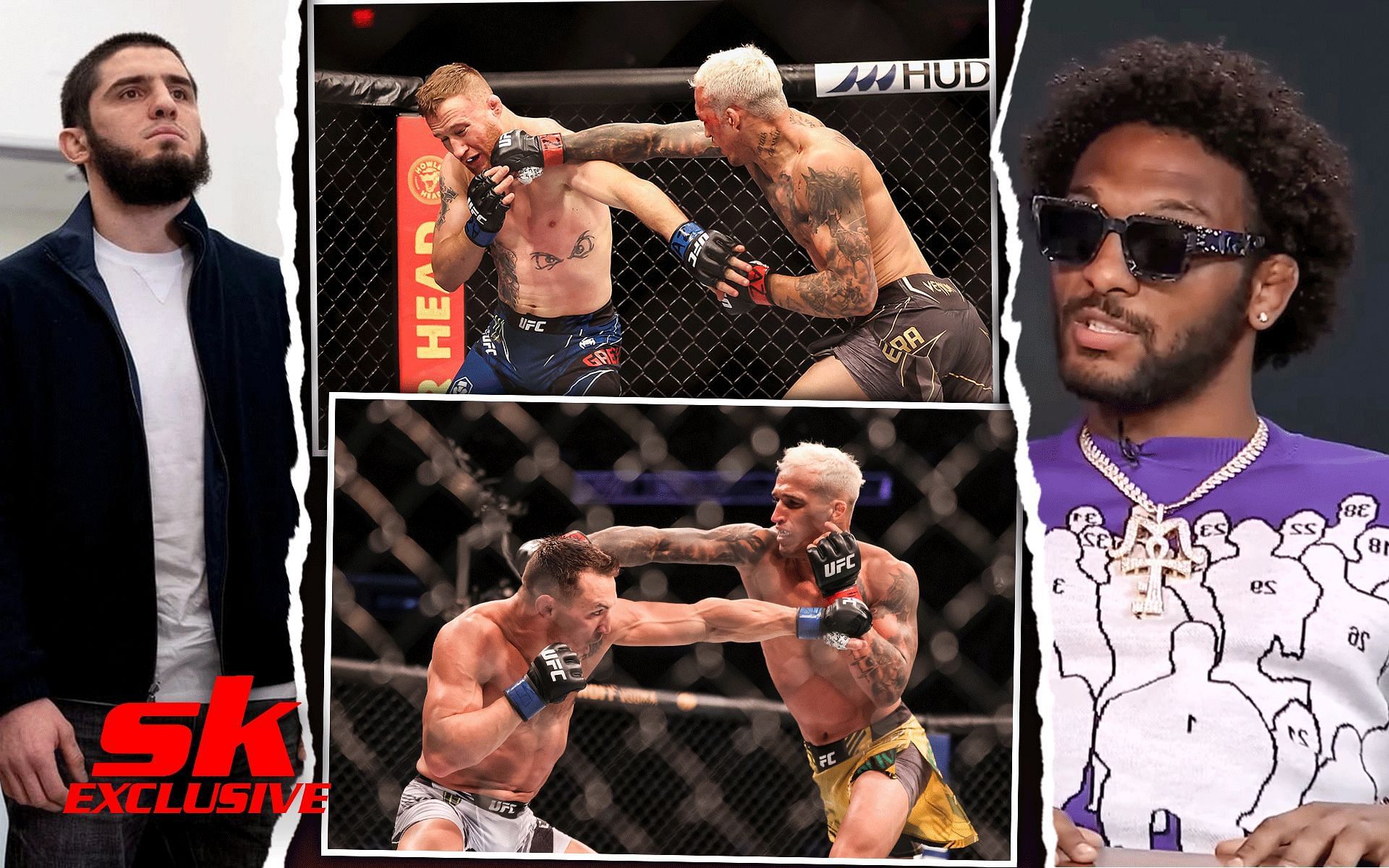 Islam Makhachev (Left), Charles Oliveira (Center) and A.J. McKee (Right) [Images via: McKee from MMAFightingonSBN |YouTube | Center Images from Getty | Makhachev from @islam_makhachev on Instagram]