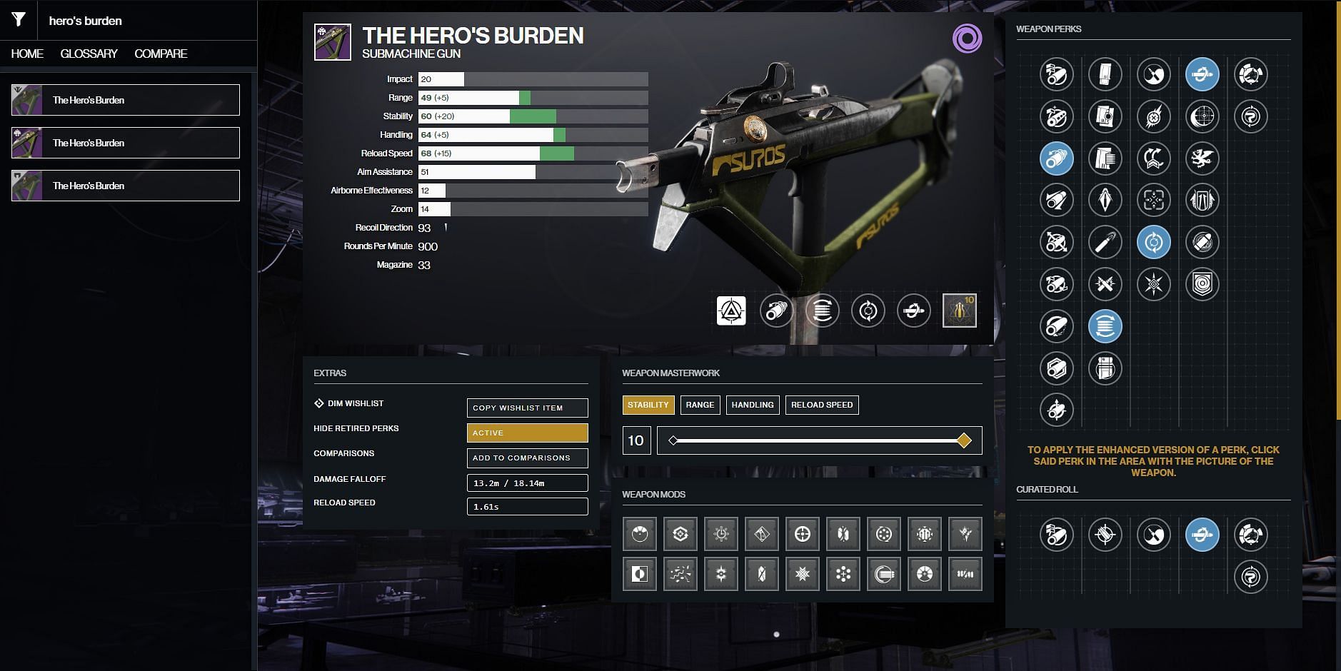 PvE god roll on The Hero&#039;s Burden (Image via Destiny 2 Gunsmith)
