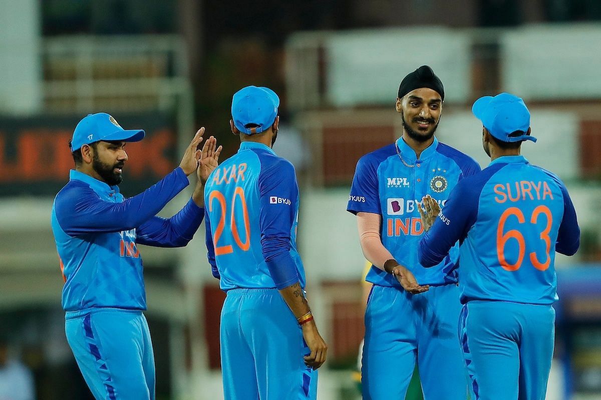 Arshdeep Singh celebrates one of his three wickets with teammates. Pic: BCCI
