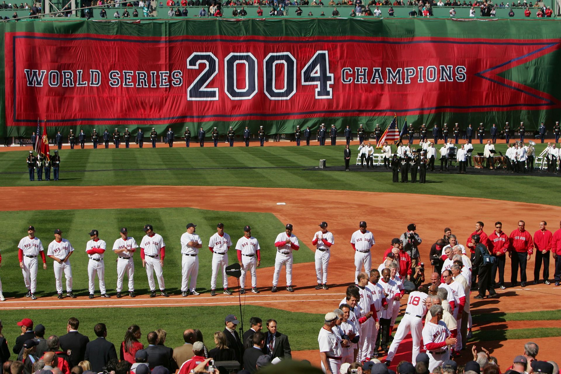 Red Sox celebrate their 2004 World Series Championship during a pre-game ceremony prior to the game against Derek Jeter&#039;s New York Yankees at Fenway Park on April 11, 2005
