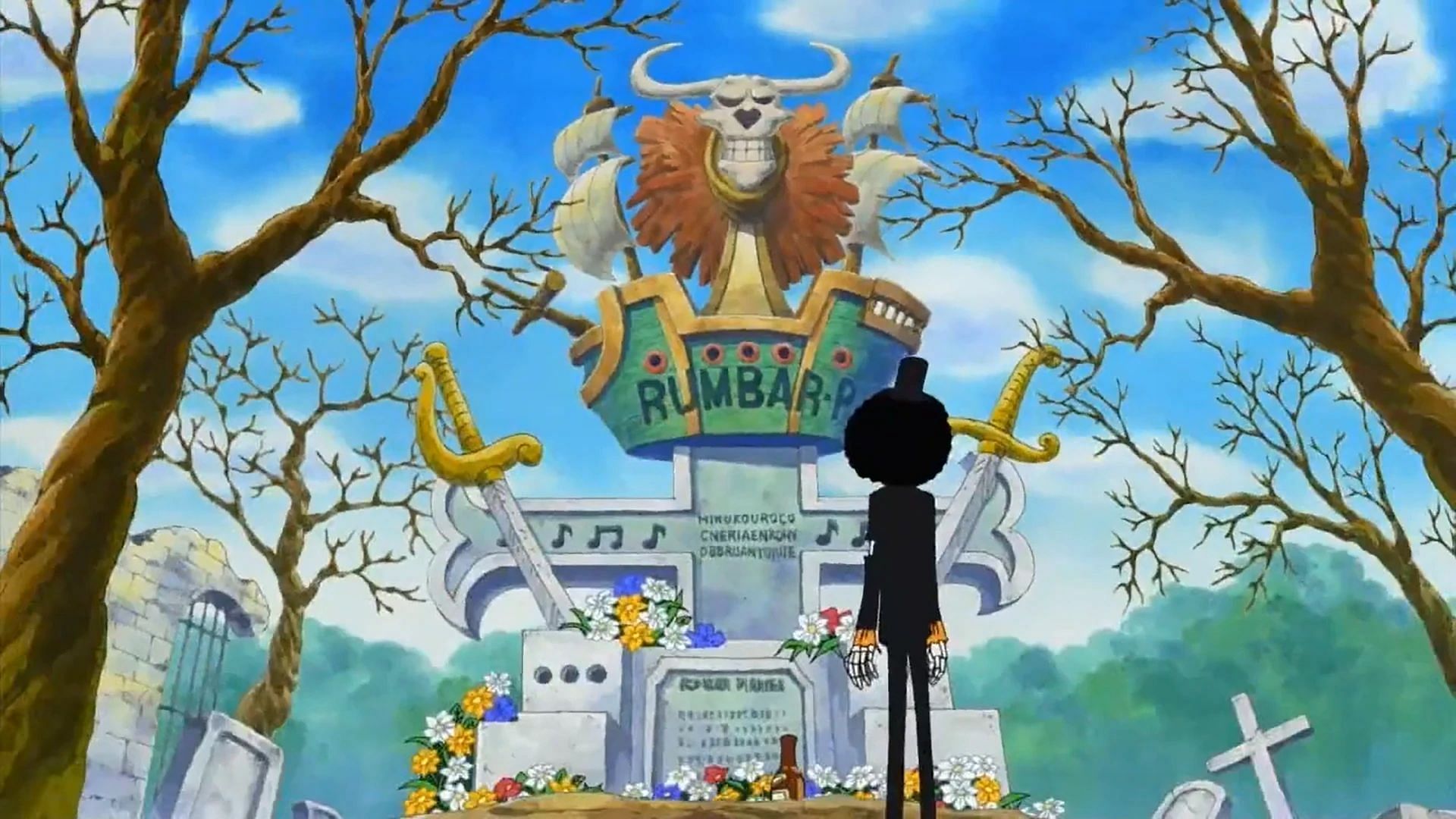 Brook paying homage to the Rumbar Pirates, in front of their grave in Thriller Bark (Image via Toei Animation, One Piece)