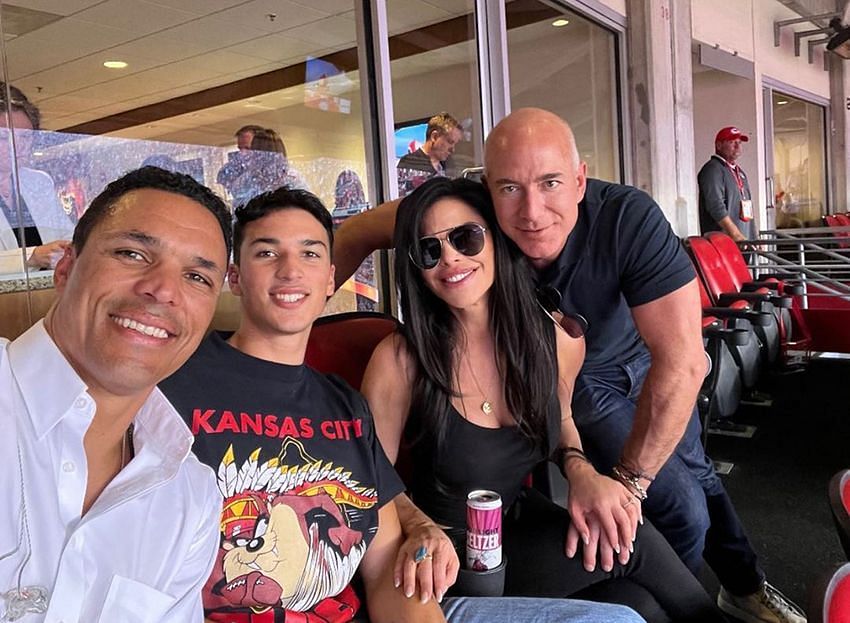 Gonzalez, Nikko, Lauren and Bezoz in the stands on Thursday night. Photo via Lauren Sanchez Instagram story.