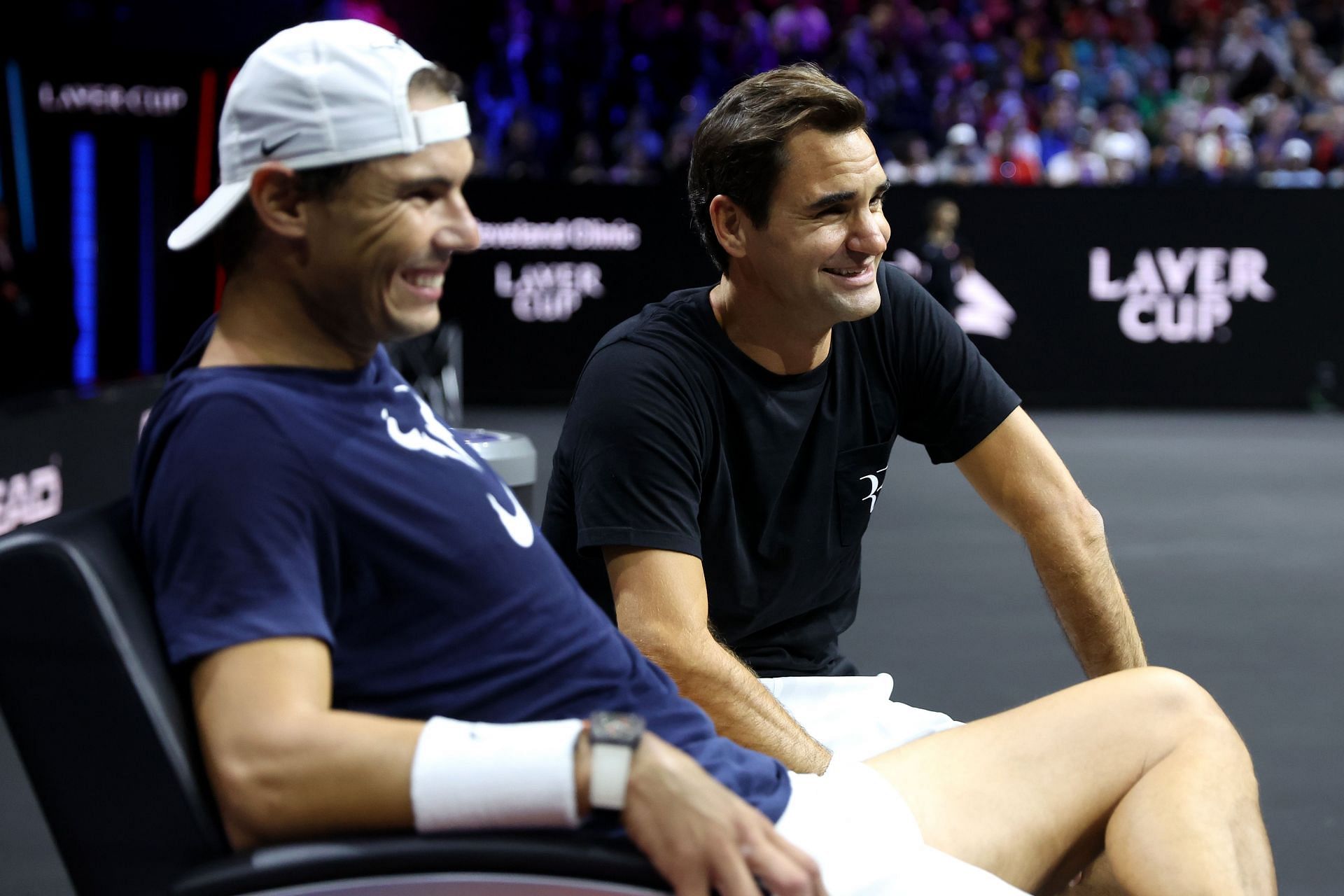 Rafael Nadal [left] with Roger Federer during a practice session ahead of the 2022 Laver Cup.
