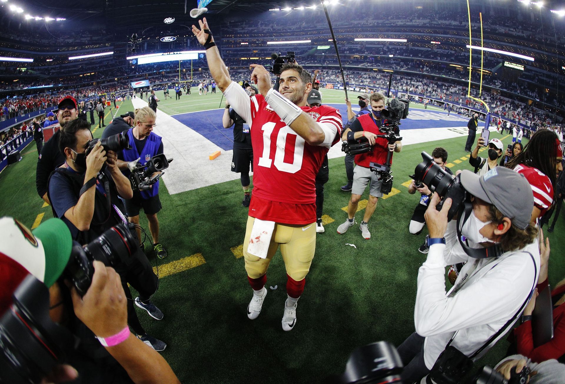 San Francisco 49ers quarterback Jimmy Garoppolo (10) signals during  practice in preparation for Super Bowl LIV at the SAP Performance Center,  Friday, Jan. 24, 2020, in Santa Clara, California. (Photo by IOS/ESPA-Images