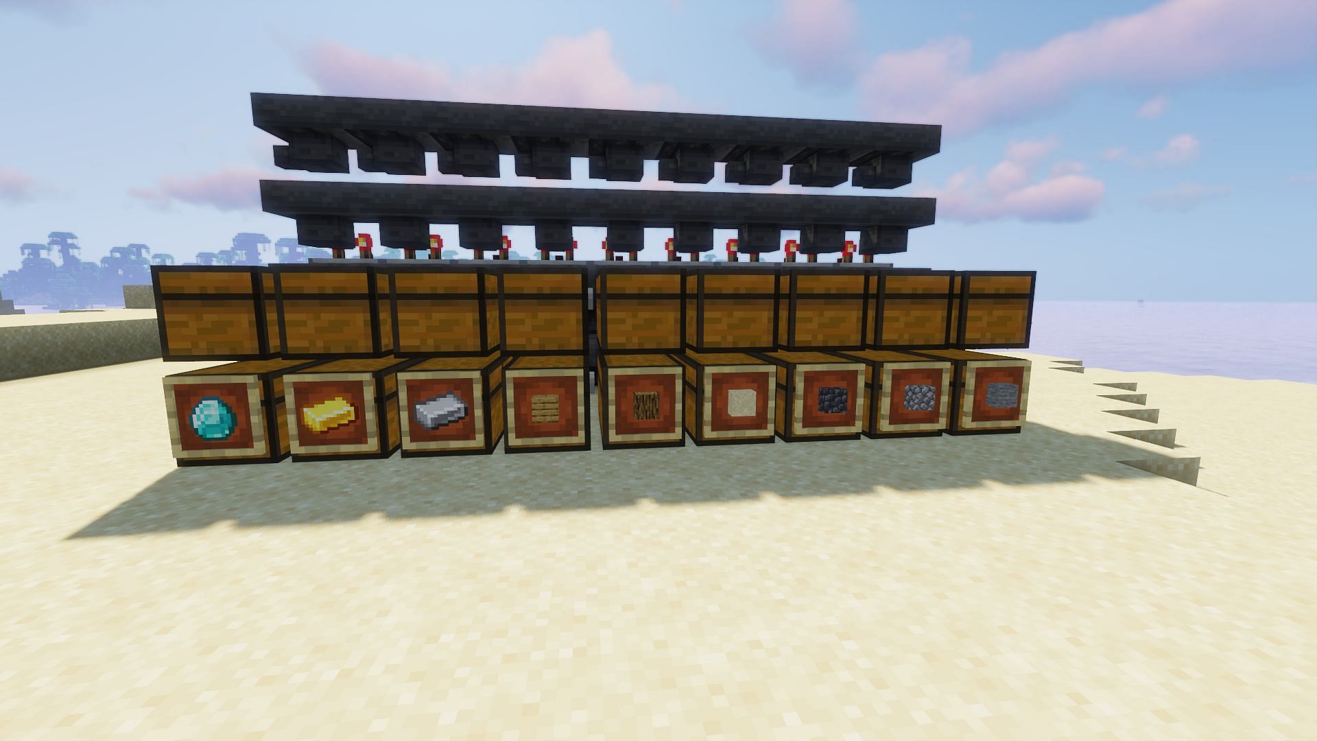 Item frames used to label what item is being sorted into each double chest system (Image via Minecraft)
