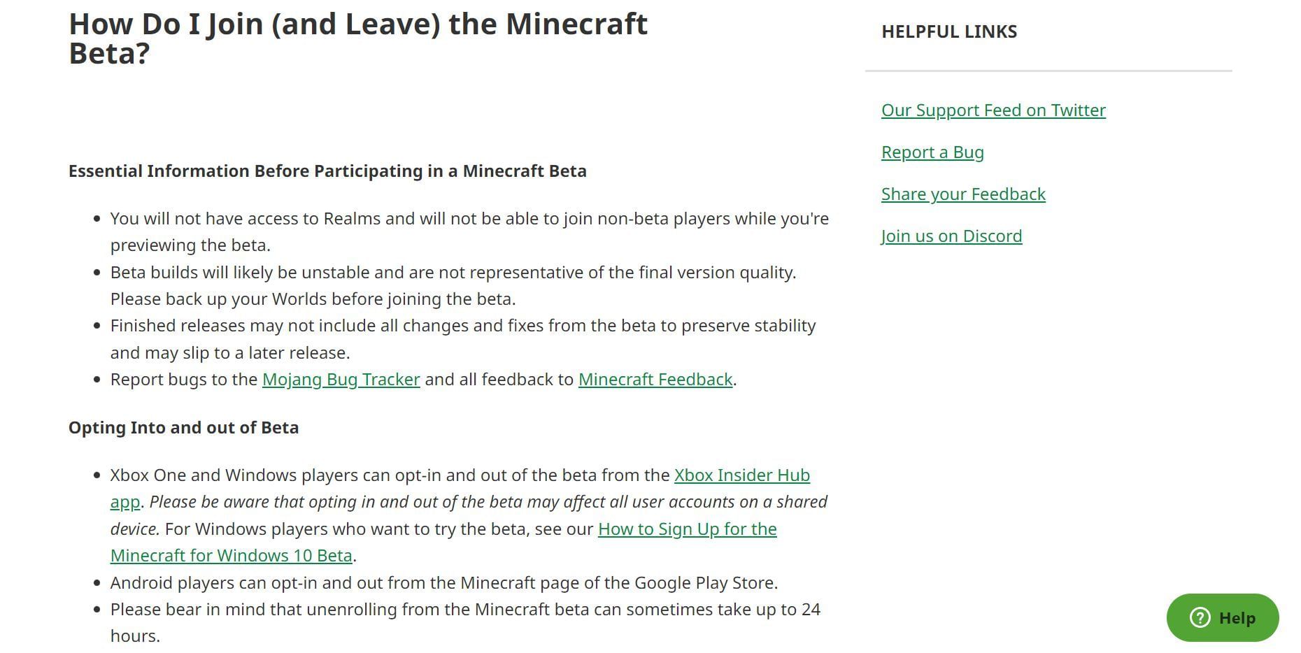 The webpage for Minecraft Beta, one of the two links found on 1.19.40.22&#039;s page (Image via Mojang)