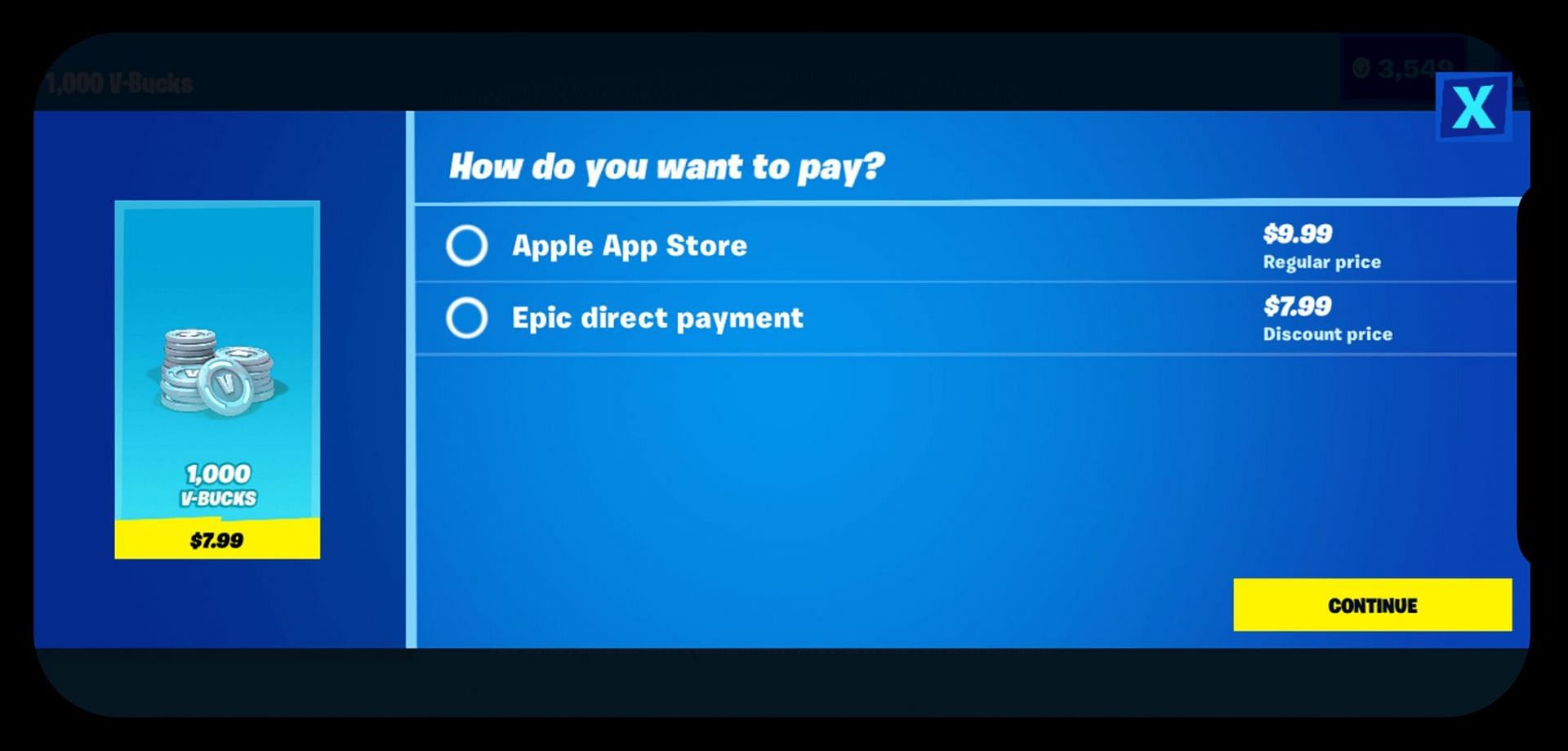 Fortnite was removed from iOS due to a new payment process by Epic Games (Image via Epic Games)
