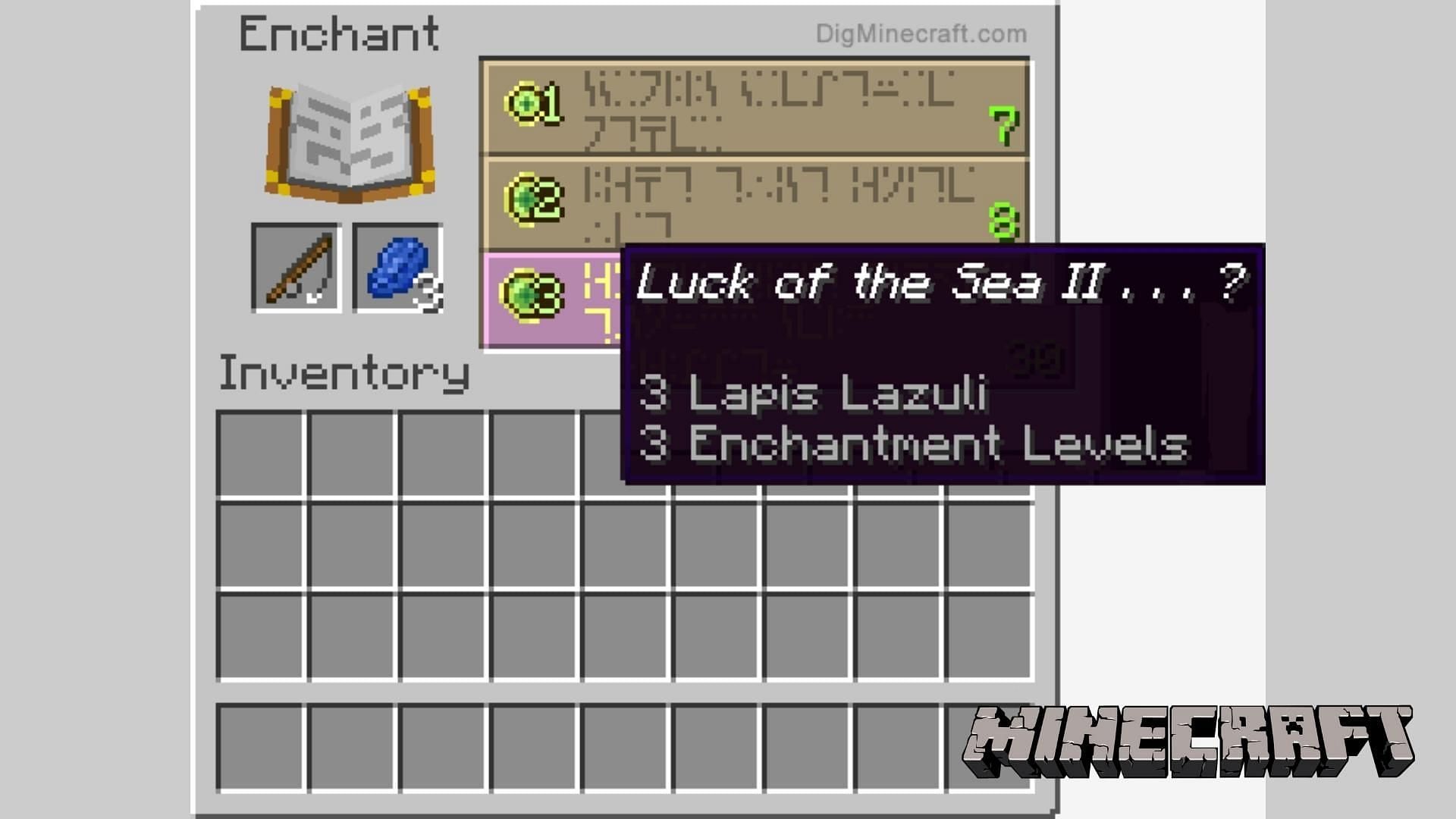 A Fishing Rod with Luck of The Sea Enchantment (Image via DigMinecraft)