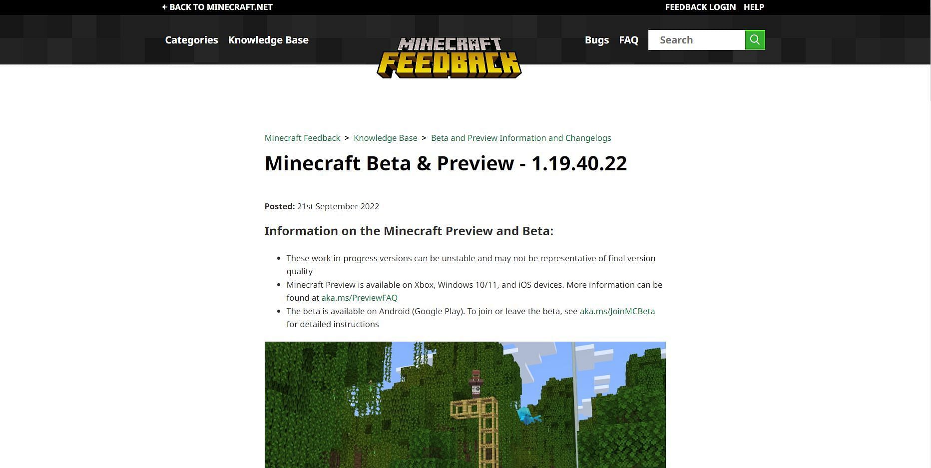 The official page for Minecraft Bedrock 1.19.40.22 (Image via Mojang)