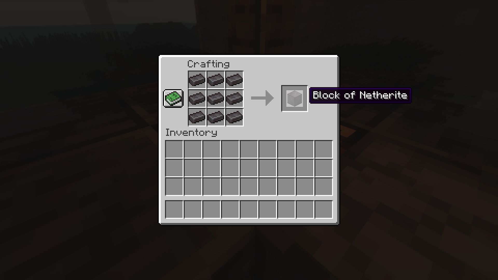 The crafting recipe for a block of netherite (Image via Minecraft)