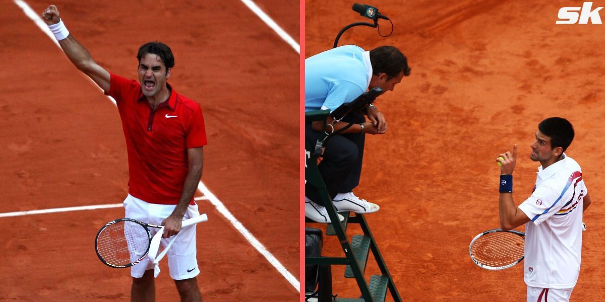 Roger Federer celebrates his win over Novak Djokovic in the 2011 French Open semi-finals. 