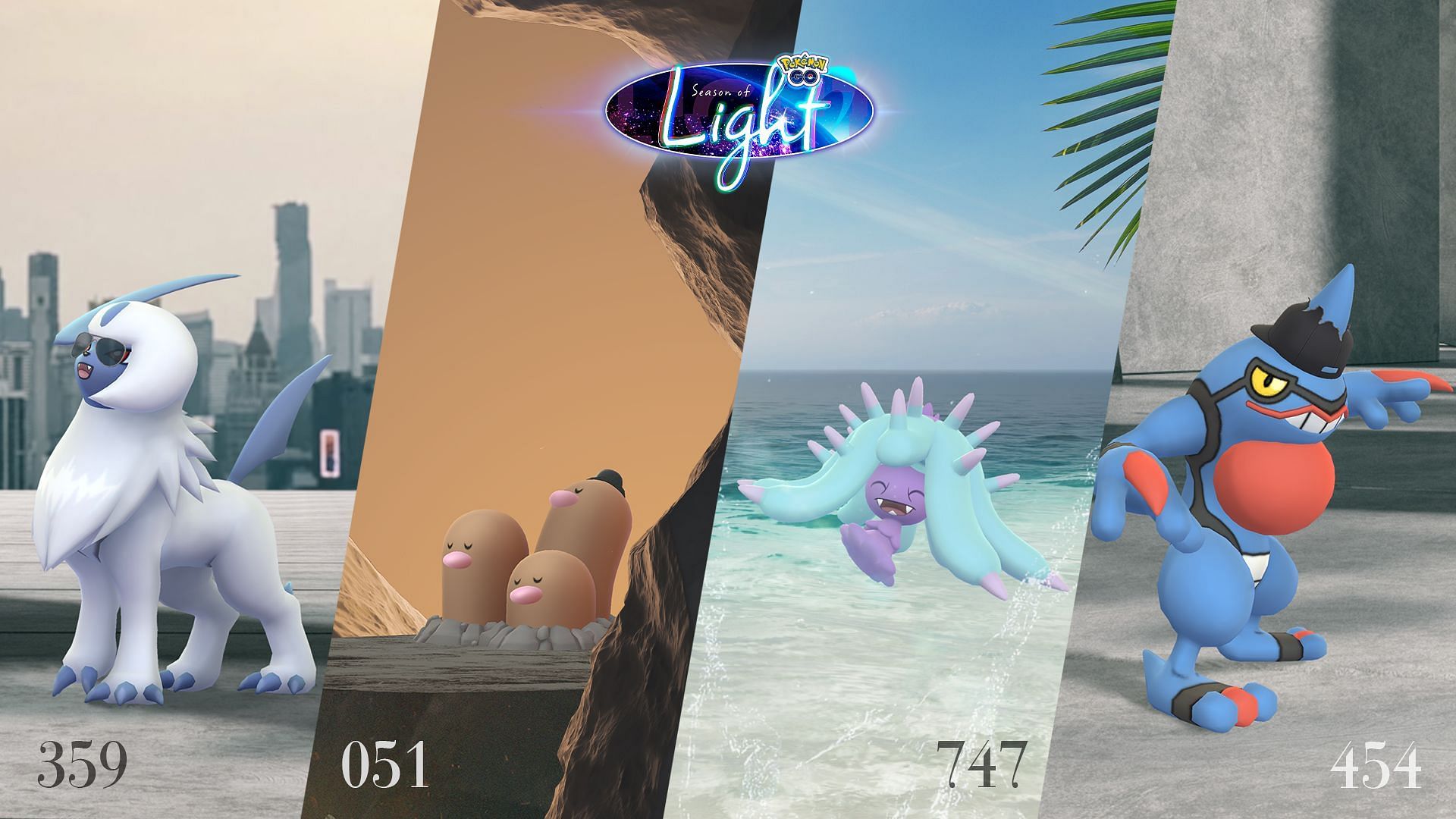 Absol, Dugtrio, Mareanie, and Toxicroak in their costumed forms for Fashion Week 2022 (Image via Niantic)