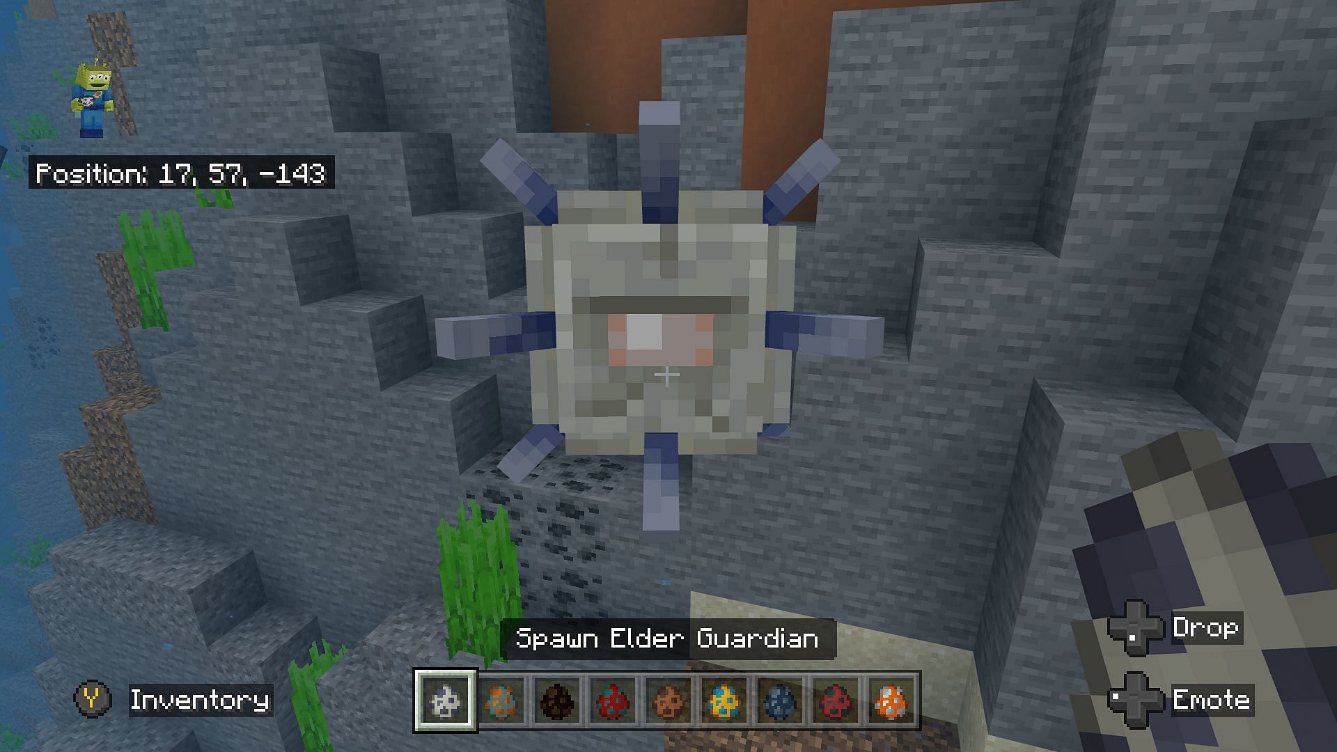 An elder guardian is spawned through the use of a spawn egg (Image via Mojang)