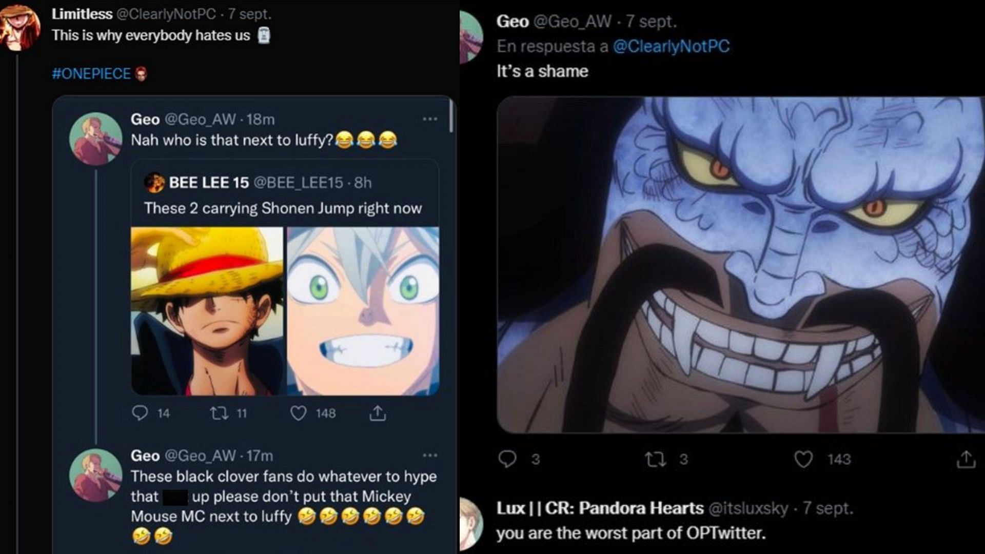 An example of how the One Piece community reacted (Image via Twitter/ @ClearlyNotPC, @Geo_AW, and @itsluxsky)