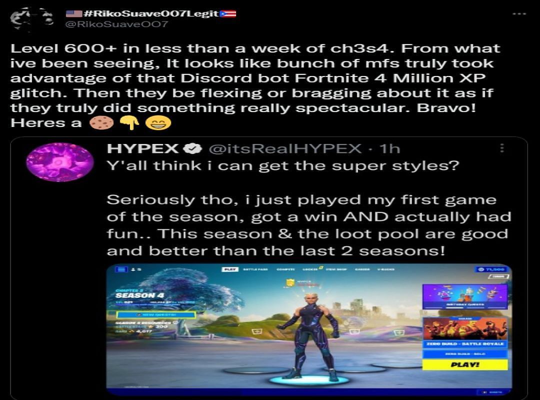 XP glitches are getting out of hand in Fortnite Chapter 3 Season 4 (Image via Twitter/RikoSuaveOO7)