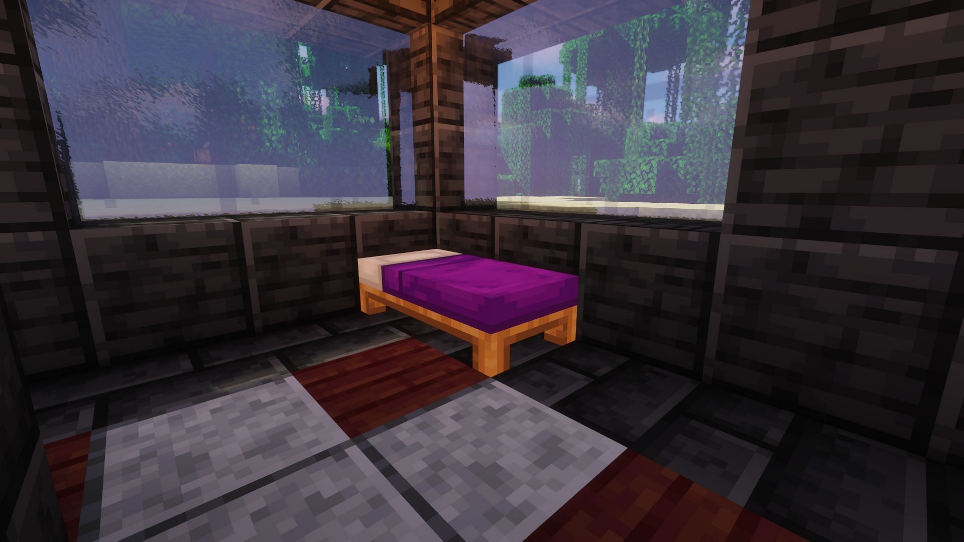 A purple bed in the corner of a player&#039;s base (Image via Minecraft)