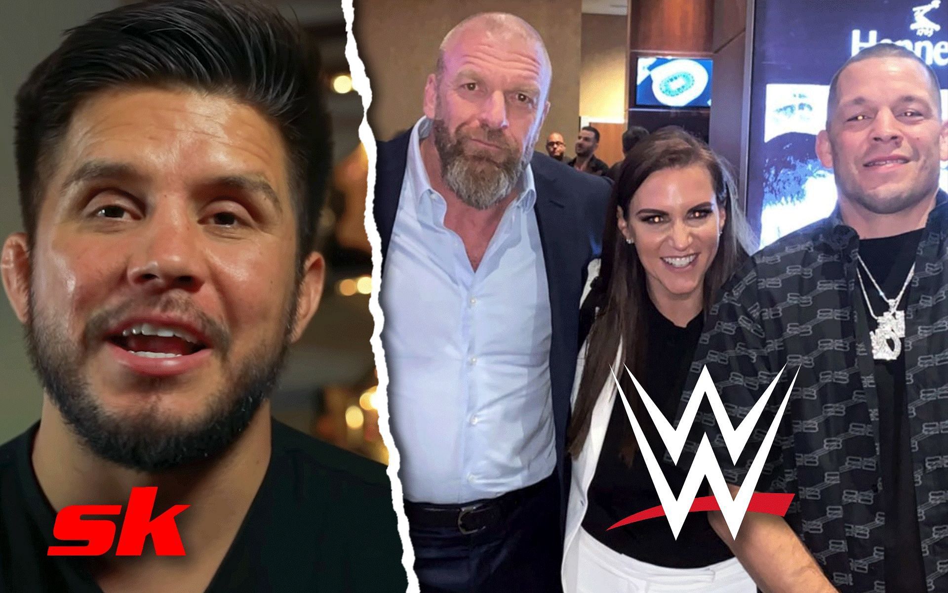Henry Cejudo (Left), Triple-H and Stephanie McMahon with Nate Diaz (Right) [Images via Henry Cejudo| YouTube, right image from @btsportufc twitter (Original credits - @elijahg209 twitter) | logo from @wwe on Instagram]