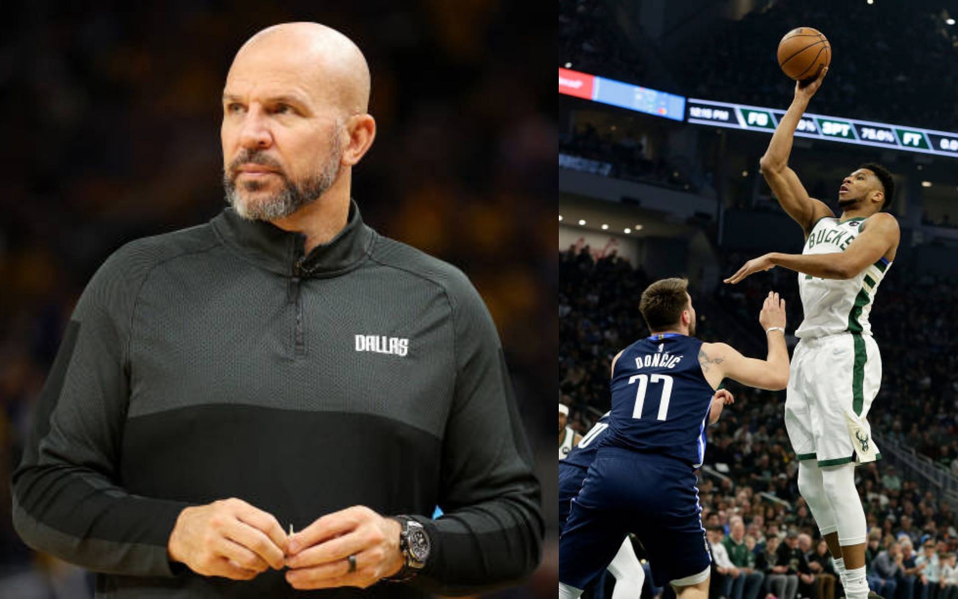 Jason Kidd (left); Giannis Antetokounmpo and Luka Doncic (right)