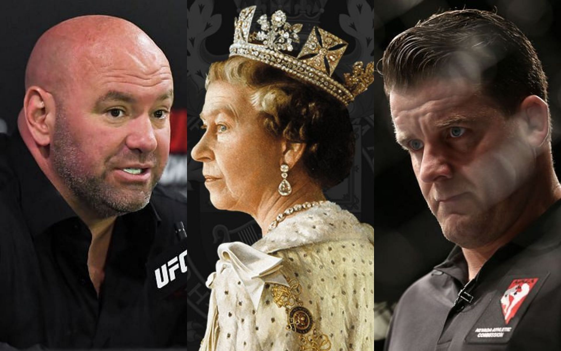 Dana White (left), Queen Elizabeth II (center), &amp; Marc Goddard (right) [Photo credit: @BBCBreaking on Twitter]