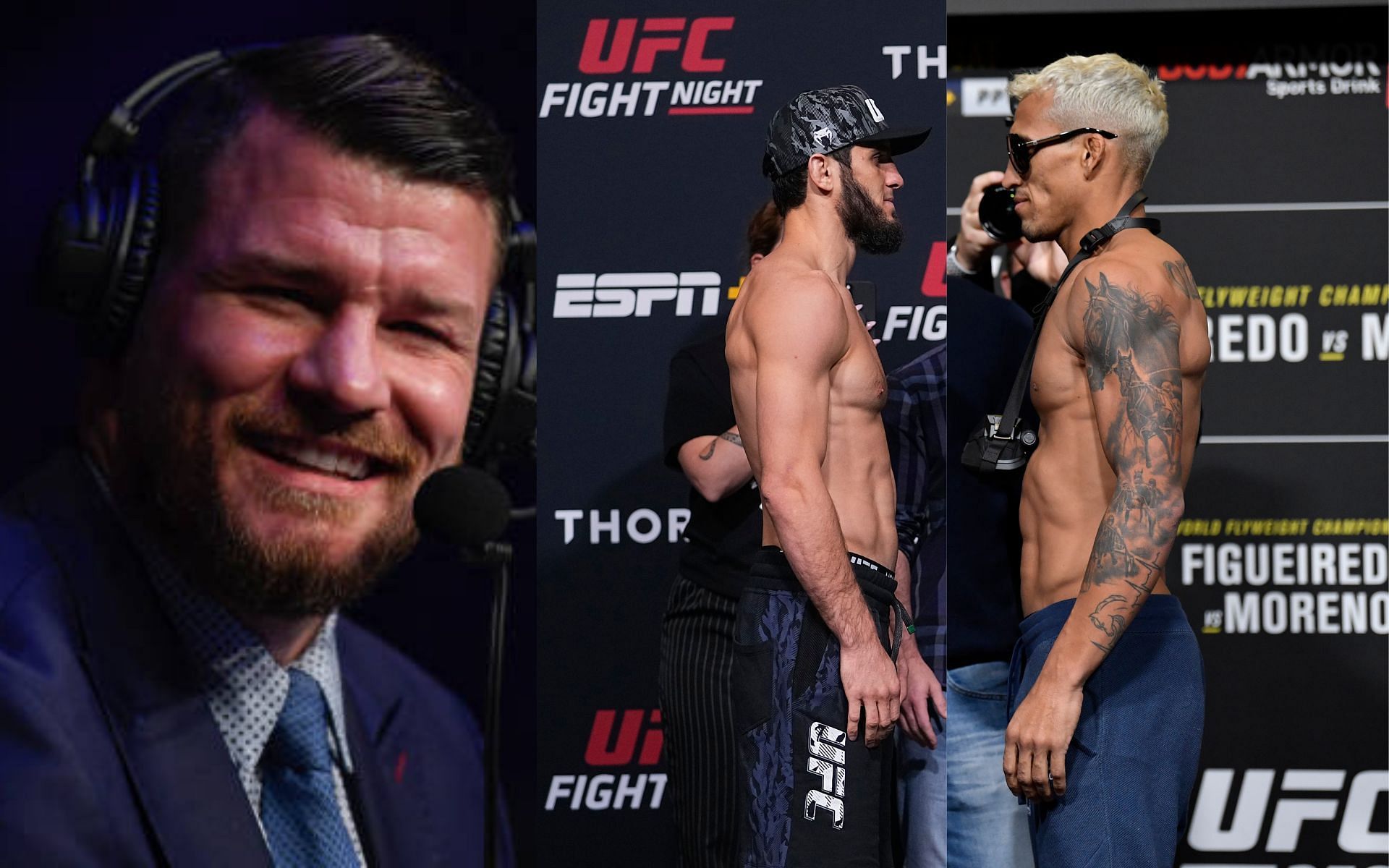 From left to right: Michael Bisping, Islam Makhachev, and Charles Oliveira