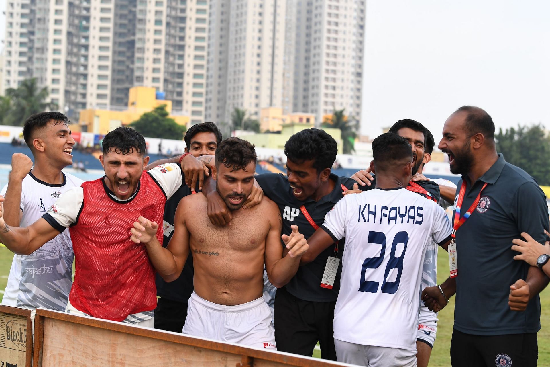 Rajasthan United FC players celebrate their win over Indian Navy FT. [Credits: Image R]