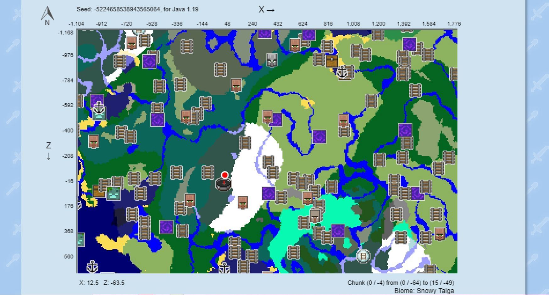 The chunk map based on the seed (Image via ChunkBase)