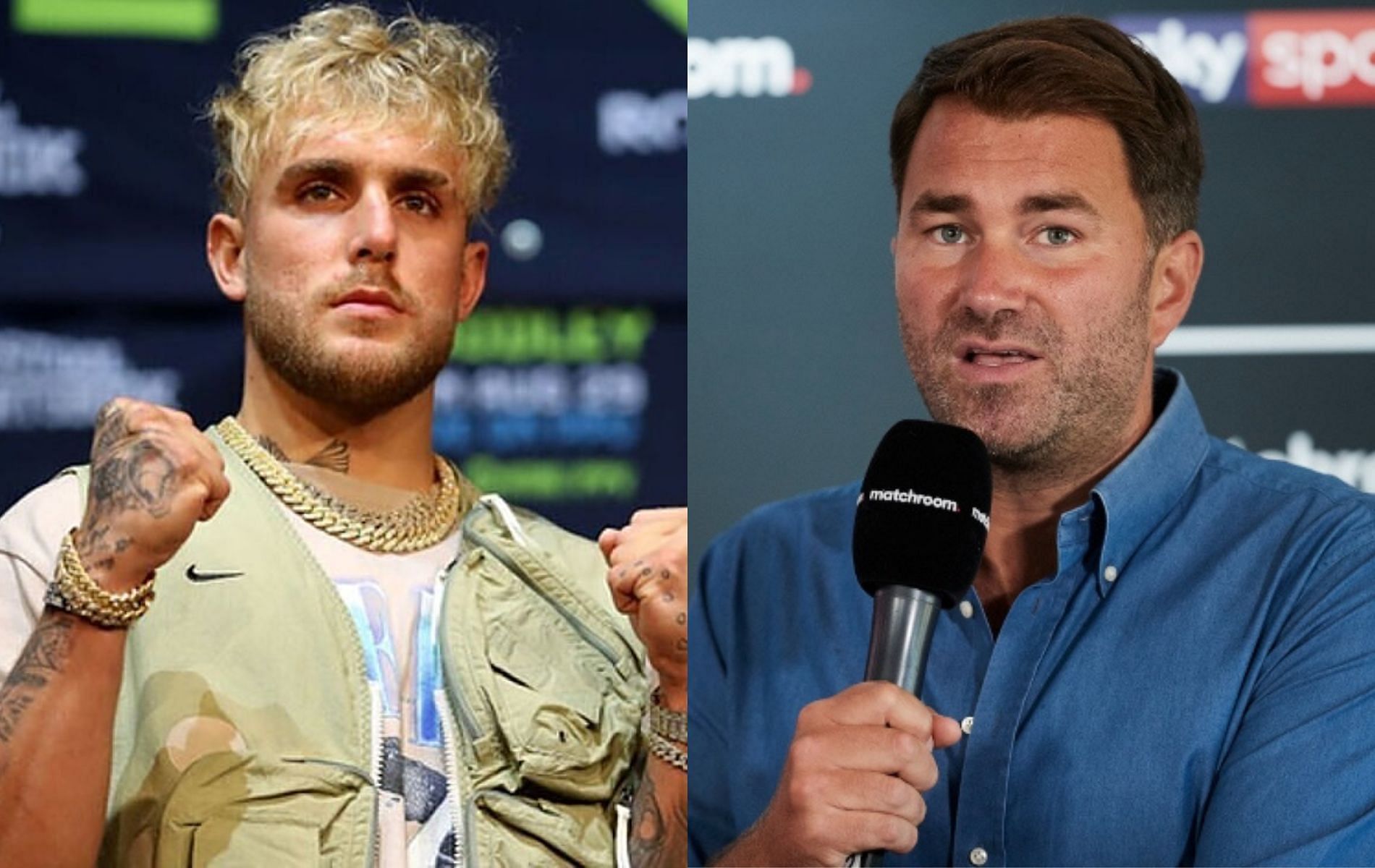 Jake Paul (left) made a scathing allegation of Eddie Hearn (right)