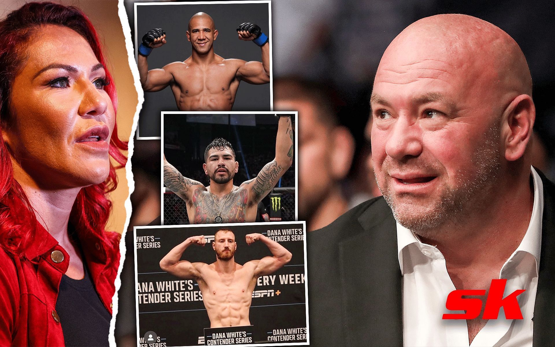 Cris Cyborg (Left) Gregory Rodrigues, Anthony Hernandez, Joe Pyfer (Top to Bottom Middle), Dana White (Right) [Image courtesy: Getty and @ufc, @bodybagz_pyfer, @gregoryrodriguesmma on Instagram]