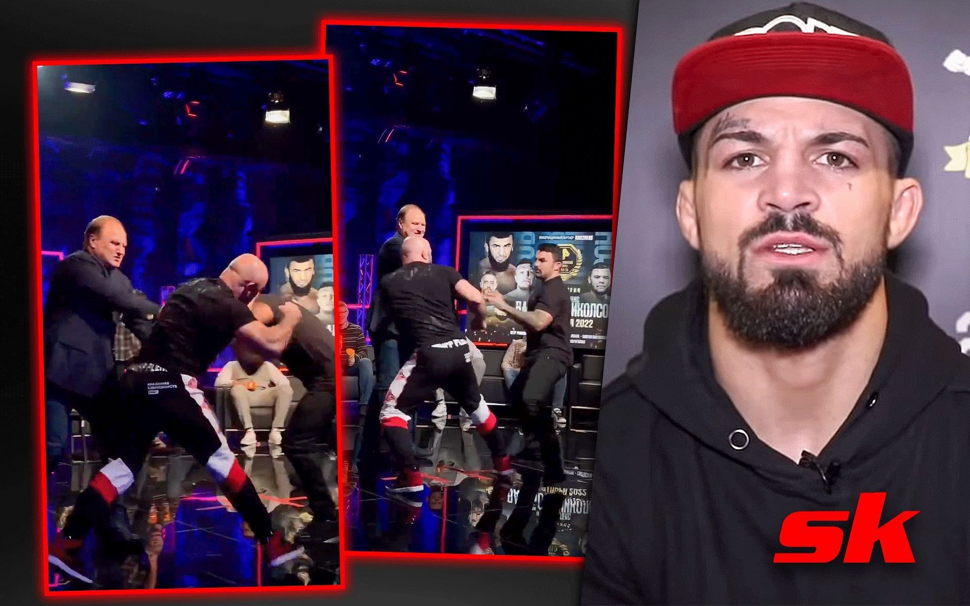 Mike Perry brawl with Magomed Ismailov (Left), Mike Perry (Right) [Image courtesy: @MMAJunkie on YouTube, @mmamania on Twitter]