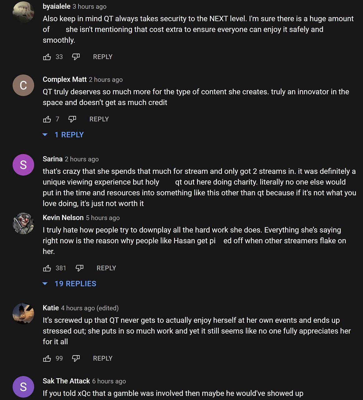 Fans in the YouTube comments section reacting to the streamer talking about S**tcamp&#039;s costs 1/2 (Image via YouTube/QTCinderella Clips)